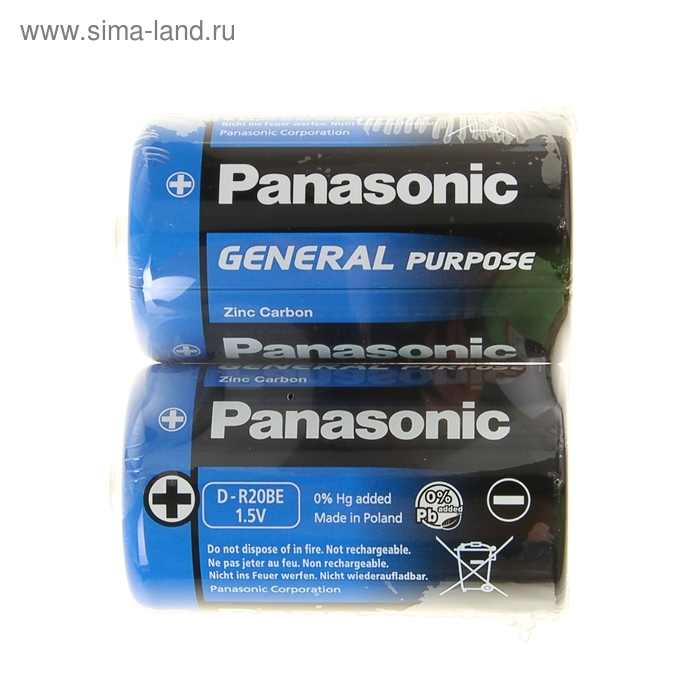 Батарейка солевая Panasonic General Purpose, D, R20-2S, 1.5В, спайка, 2 шт. Батарейка солевая Panasonic General Purpose, D, R20-2S, 1.5В, спайка, 2 шт.