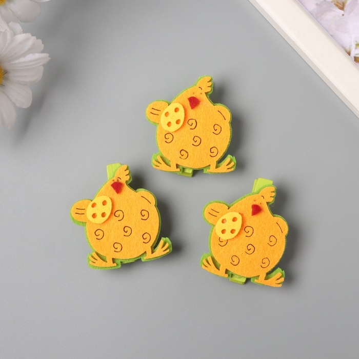 Декор для творчества дерево фетр "Прищепка. Курочка с яйцом" набор 3 шт 1,8х3,8х4,8 см МИКС