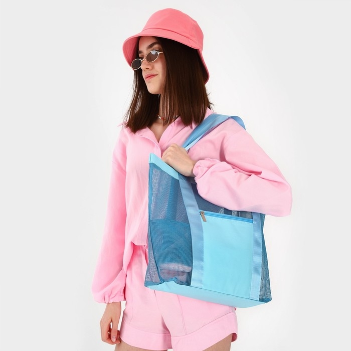 Сумка - шопер пляжная , 33х32х11 см, с сеткой, цвет голубой Сумка - шопер пляжная , 33х32х11 см, с сеткой, цвет голубой