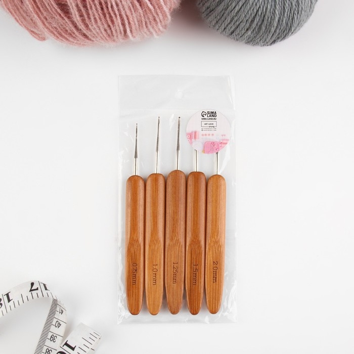 Набор крючков для вязания, с бамбуковыми ручками, d = 0,75/1/1,25/1,5/2 мм, 13,5 см, 5 шт Набор крючков для вязания, с бамбуковыми ручками, d = 0,75/1/1,25/1,5/2 мм, 13,5 см, 5 шт