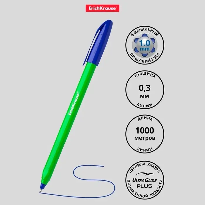 Ручка шариковая ErichKrause U-108 Neon Stick, узел 1.0 мм, чернила синие, супермягкое письмо, длина линии письма 1000 метров, МИКС