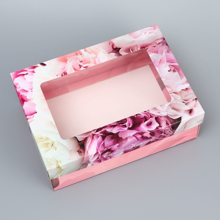 Коробка складная, крышка-дно, Коробка складная, крышка-дно, "Самой нежной", 21 х 15 х 7 см с окном