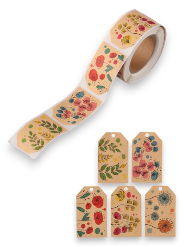 Наклейка бумага крафт "Бирки. Цветы" 3х5 см 200 шт в рулоне