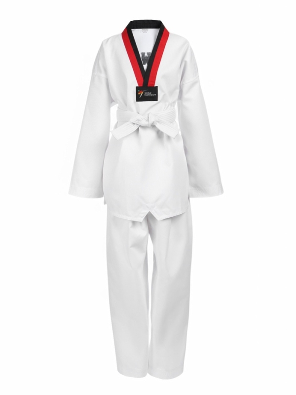Добок (кимоно) для Тхэквондо, белый, черно-красный ворот, детский, размер 140