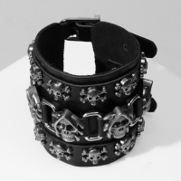 Браслет кожа &laquo;Череп&raquo; широкий, цвет чёрный с серебром, 26,5 см