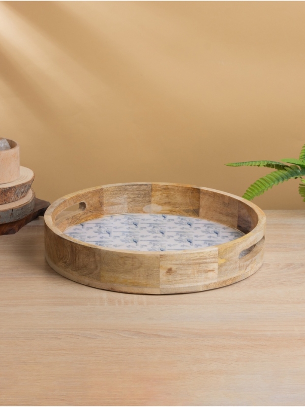 Поднос круглый с бортиками "Синие птицы" дерево манго 35х35х6,5 см