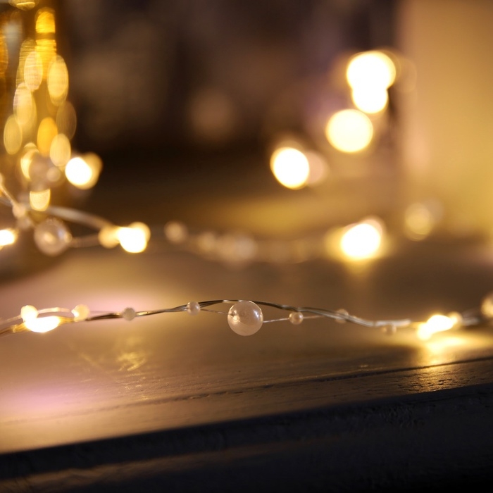 Гирлянда &laquo;Нить&raquo; 5 м роса с насадками &laquo;Перламутр&raquo;, IP20, нить серебристая, 50 LED, батарейки AAx2 (не в комплекте), 2 режима, свечение тёплое белое