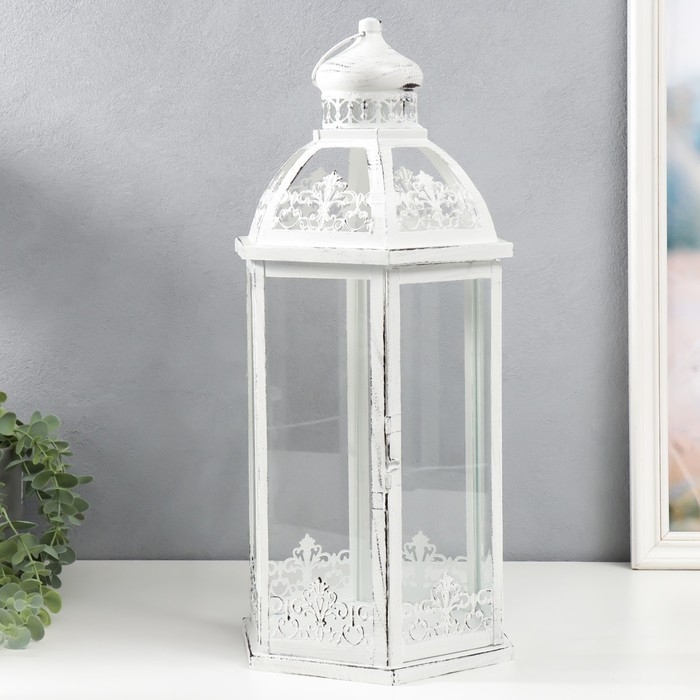 Подсвечник металл, стекло "Фонарь - ажурная башня" н-р 3 шт d-8, 13, 16 см белый 48х23 см