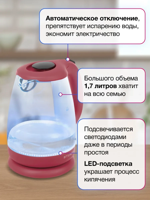 Чайник HYK-G1002 1.7л. 2200Вт бордовый