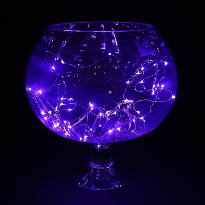 Гирлянда &laquo;Нить&raquo; 5 м роса, IP20, серебристая нить, 50 LED, батарейки CR2032х2 (в комплекте), свечение фиолетовое