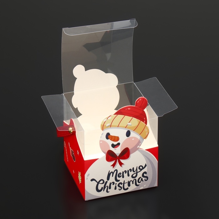 Новый год. Коробка подарочная новогодняя складная ПВХ с ручками, Новый год. Коробка подарочная новогодняя складная ПВХ с ручками, "Снеговик", 9 х 9 х 9,5 см.