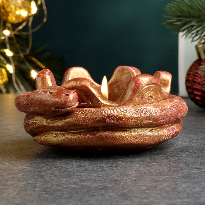 Новый год. Символ 2025. Подсвечник новогодний "Змея на чаше" бордовый с позолотой, 4х10см