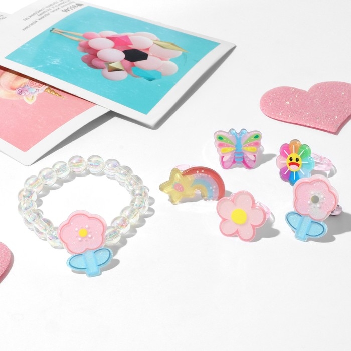 Набор детский &laquo;Выбражулька&raquo; 6 предметов: браслет, 5 колец, цветики, форма МИКС, цветной