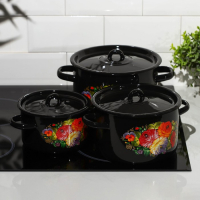 Набор кастрюль «Жостово», 3 предмета: 1,5 л, 2,9 л, 4,5 л, эмалированные крышки, индукция Набор кастрюль «Жостово», 3 предмета: 1,5 л, 2,9 л, 4,5 л, эмалированные крышки, индукция