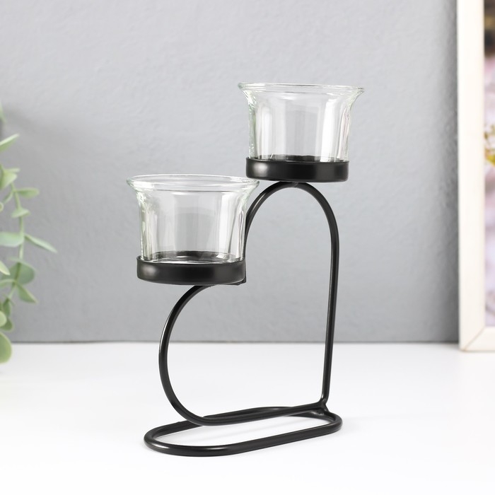 Подсвечник металл, стекло на 2 свечи "Сердце" d=2-5 см чёрный 12х6х17,5 см