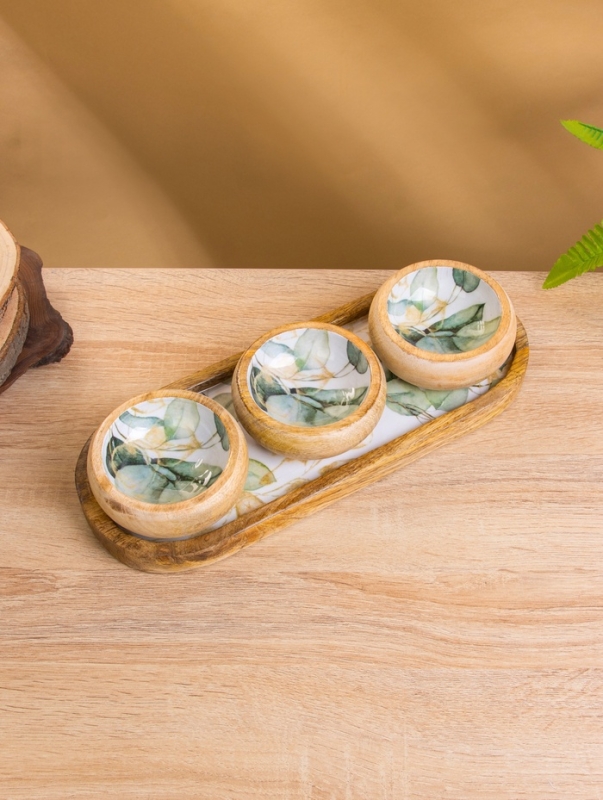 Набор розеток на подносе "Листья" (3 шт) дерево манго 33,5х13х6,5 см