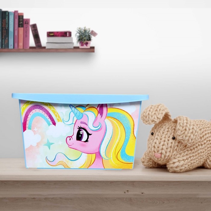 Ящик для игрушек с крышкой, &laquo;Радужные единорожки&raquo;, объём 30 л, цвет светло-голубой