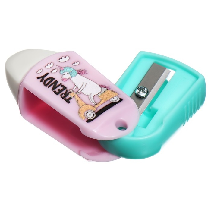 Точилка пластиковая с ластиком MESHU "Unicorn", 1 отверстие, МИКС