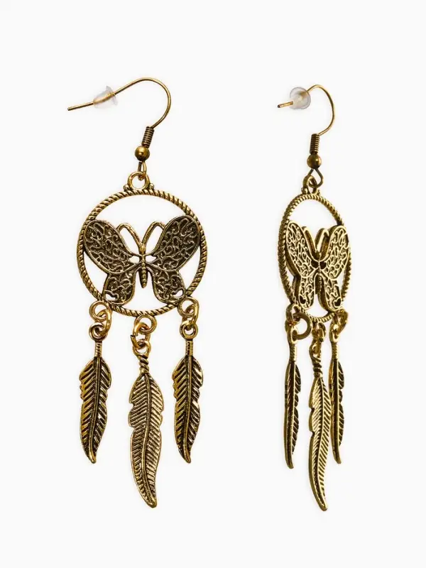 Серьги метал "Аутентичность" бабочка с перьями, цвет чернёное золото