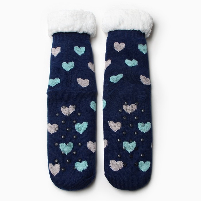 Носки женские с мехом , цвет тёмно-синий/сердечки размер 36-40