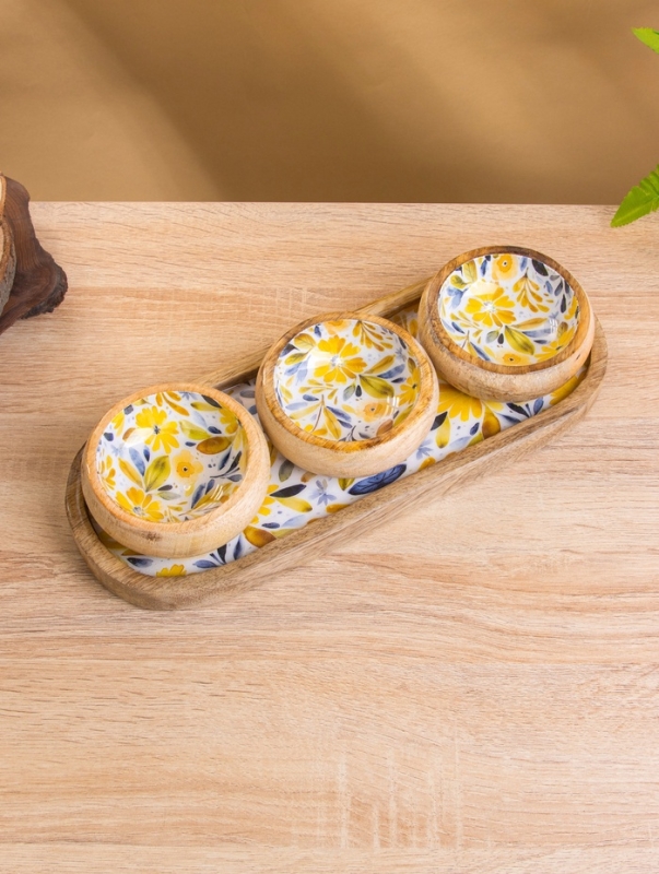 Набор розеток на подносе "Желтые и синие цветы" (3 шт) дерево манго 33,5х13х6,5 см