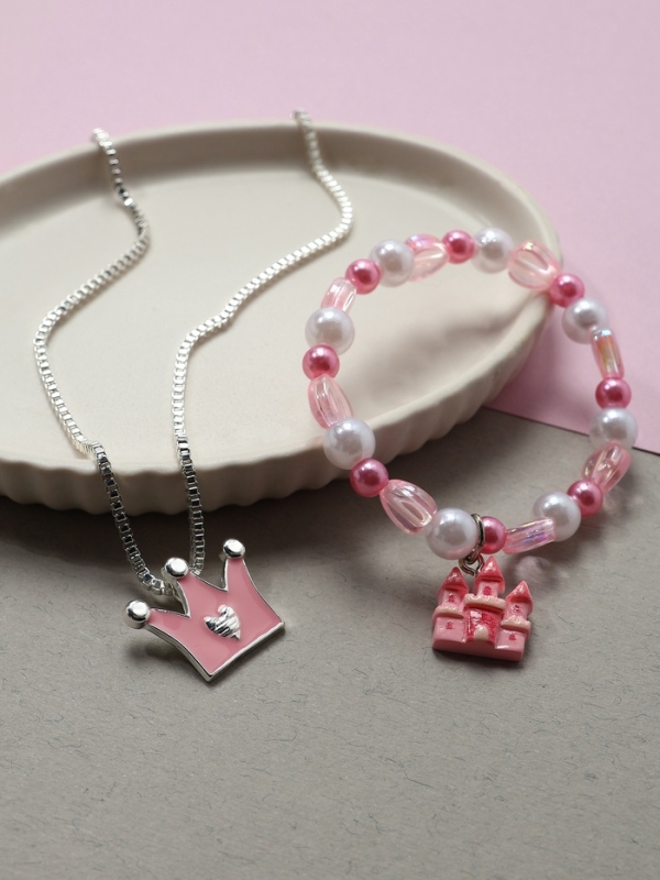 Набор детский "Выбражулька" 2 пр-та: кулон, браслет, корона, замок, цвет бело-розовый