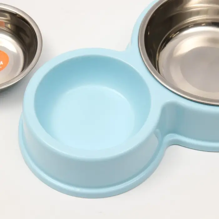 Миска металлическая двойная на пластиковом основании, 28 х 17,3 х 5 см, голубая
