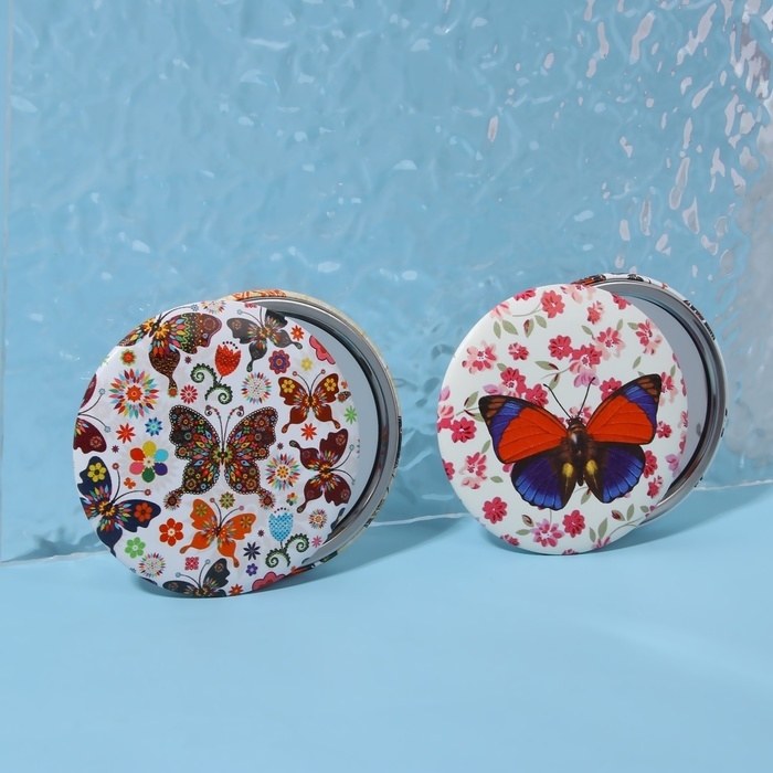 Зеркало карманное &laquo;Бабочки&raquo;, d = 7,5 см, искусственная кожа, рисунок МИКС