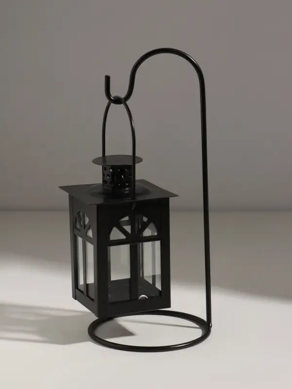 Подсвечник металл 1 свеча "Фонарь с подставкой" черный 23,5х10х10 см