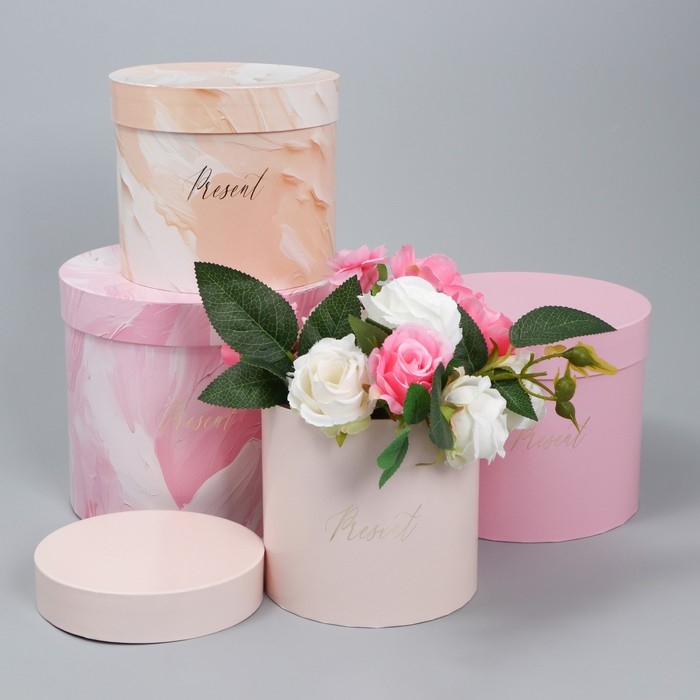 Набор шляпных коробок для цветов 4 в 1, упаковка подарочная, &laquo;Нежный&raquo;, 14 х 13 см - 20 х 17.5 см