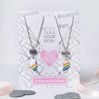 Кулоны &laquo;Неразлучники&raquo; радуга в сердце, цветные в серебре, L=45 см