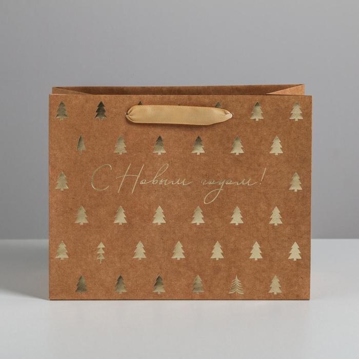 Пакет подарочный новогодний крафтовый горизонтальный &laquo;Ёлочки&raquo;, MS 23 х 18 х 10 см, Новый год