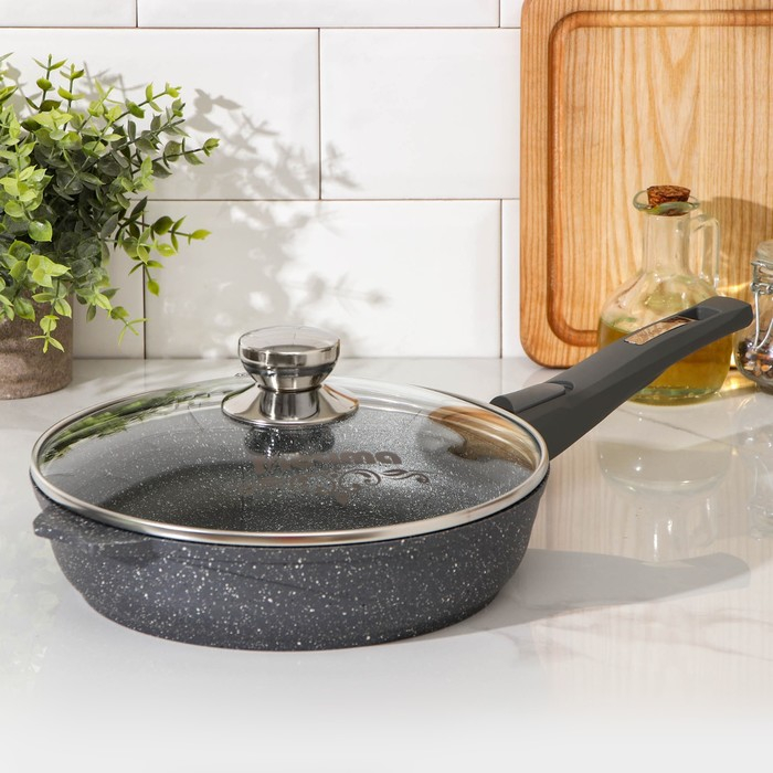 Сковорода &laquo;Гранит&raquo;, d=24 см, съёмная ручка, антипригарное покрытие, стеклянная крышка, цвет серый