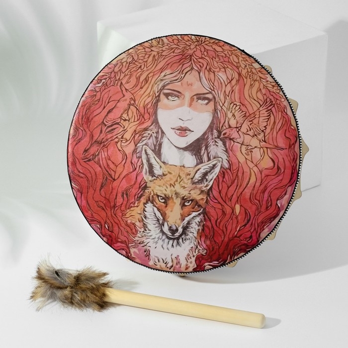 Шаманский бубен "Девушка и лисица" с колотушкой 5х25х25 см