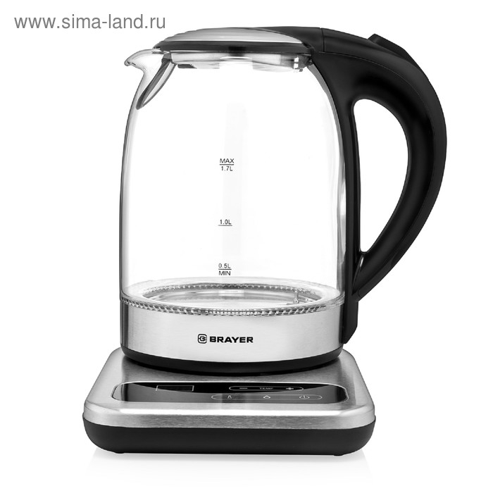 Чайник электрический BRAYER BR1003, стекло, 1.7 л, 2200 Вт, регулировка t&deg;, серебристый