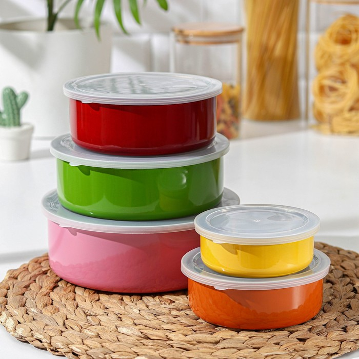 Набор салатников из нержавеющей стали &laquo;Радуга&raquo;, 5 шт: d=18/16/14/12/10 см, с крышками, МИКС