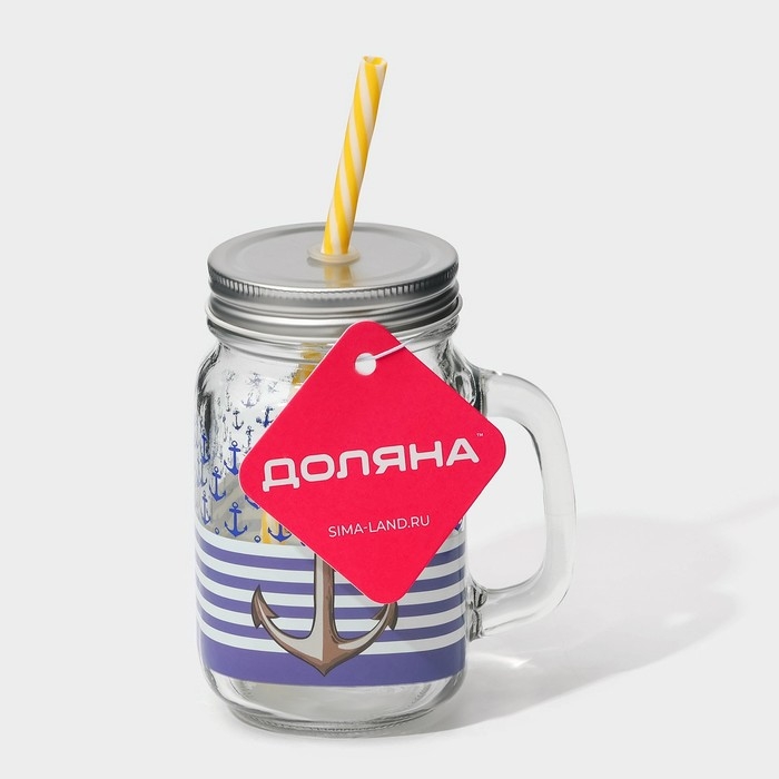 Кружка стеклянная с крышкой и трубочкой Доляна &laquo;Моряк&raquo;, 450 мл, 10&times;7,5&times;13 см