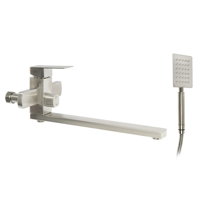 Смеситель для ванны ZEIN, квадрат, излив 35 см, с душевым набором, нержавеющая сталь, сатин Смеситель для ванны ZEIN, квадрат, излив 35 см, с душевым набором, нержавеющая сталь, сатин