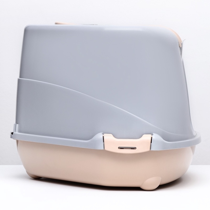 Туалет-домик угловой для кошек закрытый с дверцей 57*46*37 см, бежево-серый