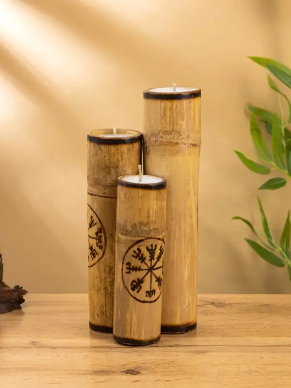 Свеча в бамбуке тройная &laquo;Руны&raquo;, 13&times;14&times;30 см, 100 мл, бежевая
