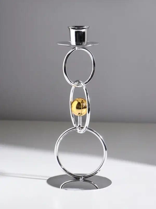 Подсвечник металл на 1 свечу "Кольца и шарики" серебро с золотом d=2,5 см 9х9х22 см