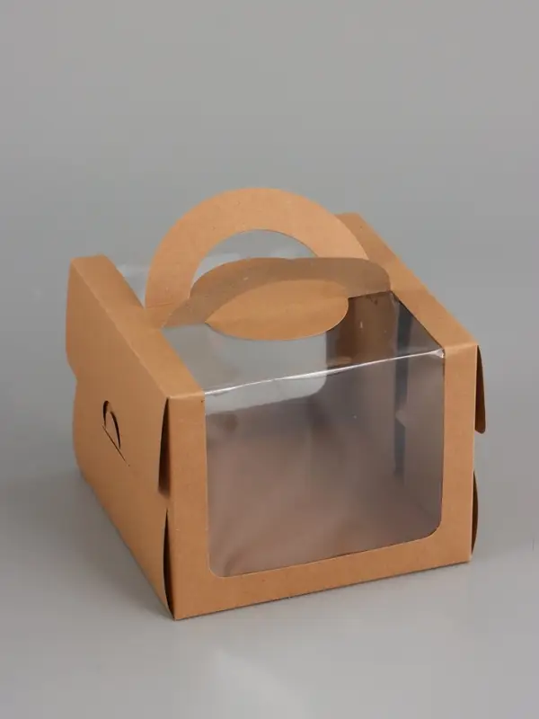 Коробка под бенто-торт с окном, КРАФТ 16 х 16 х 12,5 см