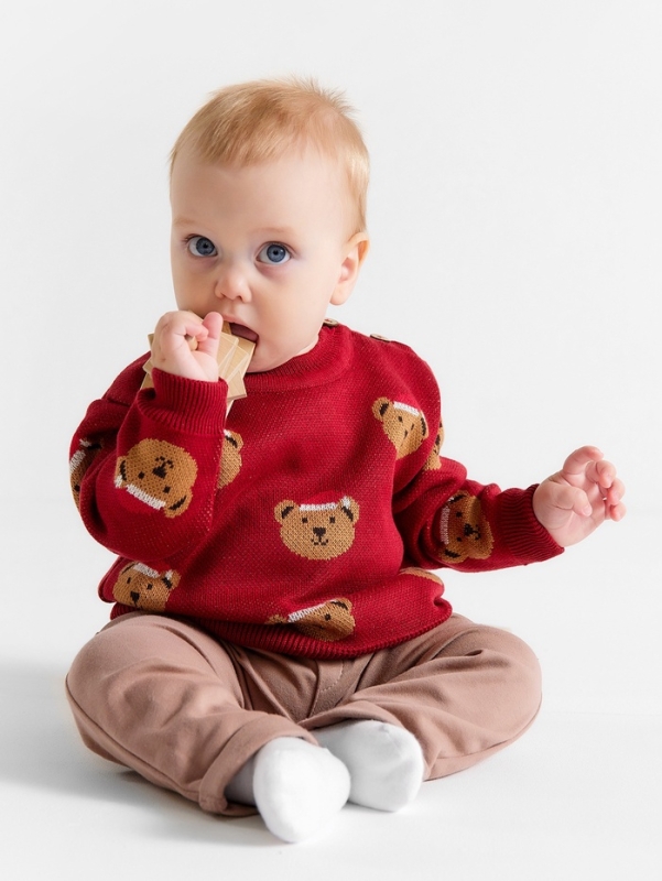 Джемпер вязаный новогодний Крошка Я "Новогодние медвежата" рост 74-80 см, цвет красный