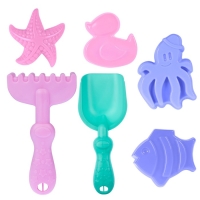 Песочный набор: ведро 1,2 л, лопатка,грабли,4 формочки, лейка 0,2 л, бирюзово-розовый