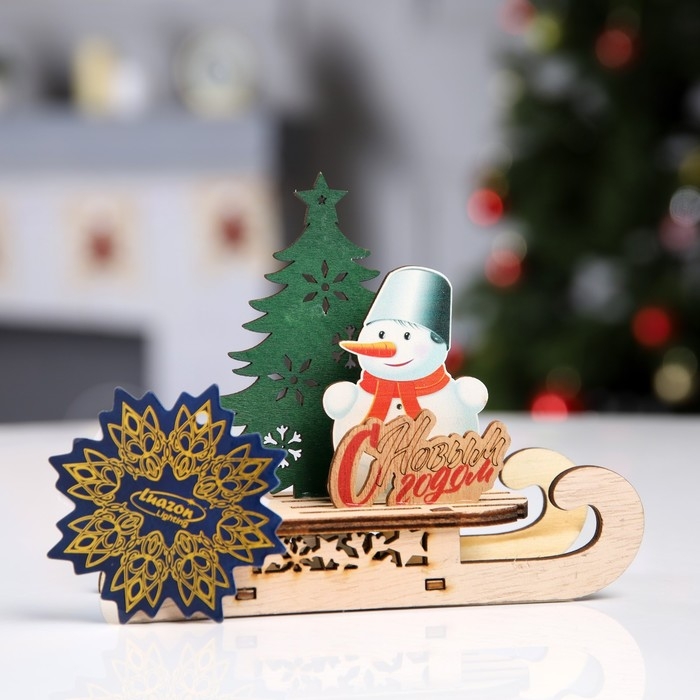 Светодиодная фигура &laquo;Сани со снеговиком&raquo; 15.5 &times; 12 &times; 5.5 см, дерево, батарейки LR1130х3 (в комплекте), свечение тёплое белое