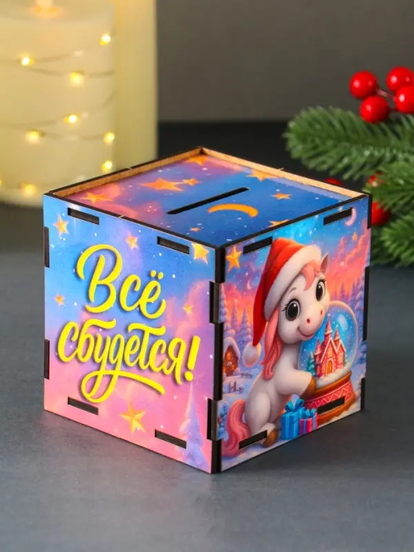 Новогодняя копилка куб "Лошадка. Все сбудется" 10х10х10 см (набор 7 деталей)
