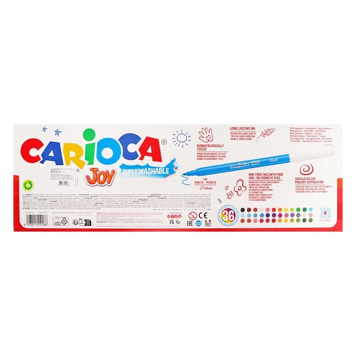 Фломастеры 36 цветов 50 штук, Carioca "Joy", тонкий наконечник, стойкие, легко смываемые и нетоксичные чернила, картонный пенал