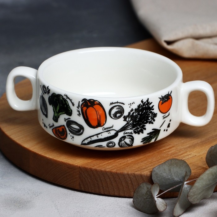 Супница с ручками керамическая &laquo;Овощи&raquo;, 10.5 х 5 см, 220 мл, цвет белый