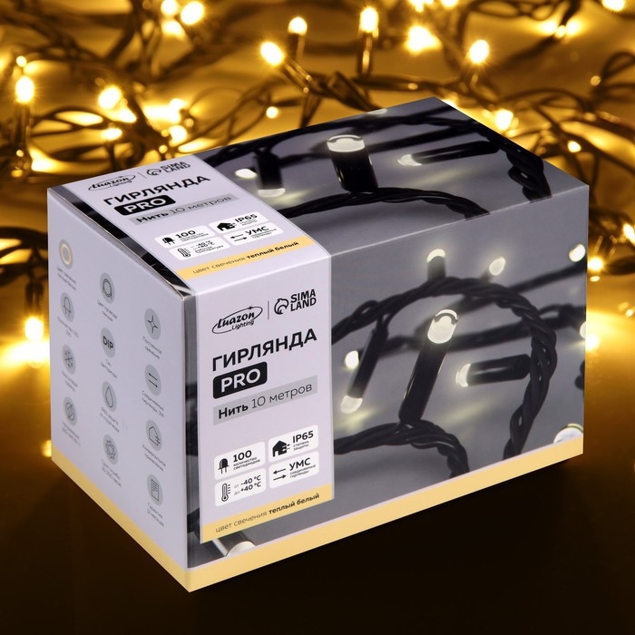 Гирлянда &laquo;Нить&raquo; 10 м, IP65, УМС, тёмная каучуковая нить, 100 LED, свечение тёплое белое, 220 В