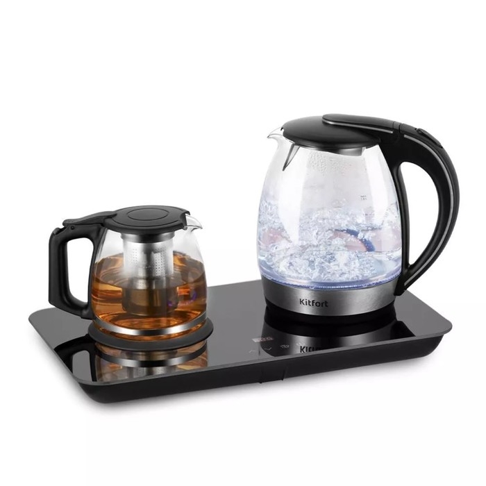 Чайный набор Kitfort КТ-6609, стекло, 1.7/1 л, 2200 Вт, регулировка t&deg;, дисплей, чёрный